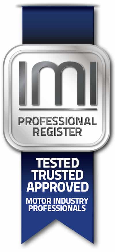 IMI Professional Register badge stating 'Tested, Trusted, Approved - Motor Industry Professionals'